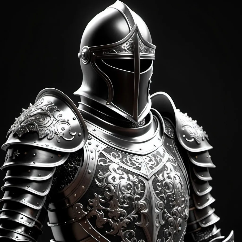 Prompt: a black and white photo of a black knight armor with metal flakes on it's chest and shoulders, without helmet, with a background, Andries Stock, photorealism, piece of armor, an ambient occlusion render