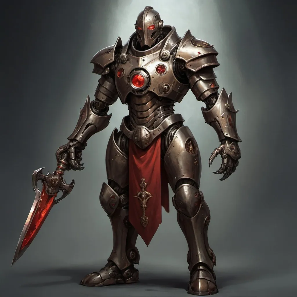 Prompt: a warforged or a robot with cords resembling tree roots reinforced with alchemical fluids serve as muscles that are contained within a bronze frame, the bronze frame resembles the armor of a knight, warforged have beautiful face without a mouth with a hinged jaw and crystalline eyes built under the brow ridges and there is a red spot or mark on the robot's forehead, full-length, neutral dark background, Brom, steampunk