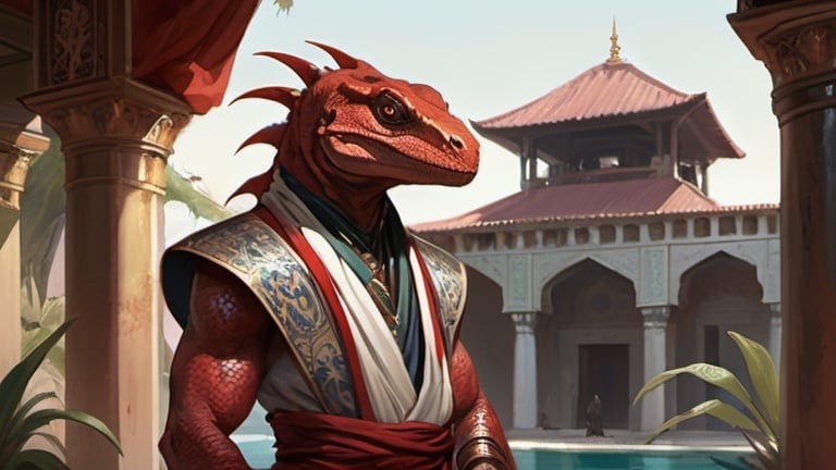 Prompt: A pale red lizardman aristocrat dressed in oriental clothes and a silk scarf on his shoulders standing in front of a Byzantine temple interior with curtains and pools and vegetation, Art of Brom, fantasy art, epic fantasy character art, concept art