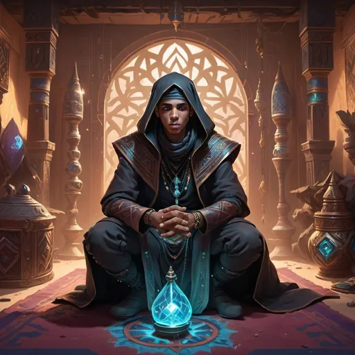 Prompt: a young man-priest dressed as a Bedouin sitting on his knees in front of richly decorated wizard’s chambers during the day, Dr. Atl, vanitas, league of legends splash art, cyberpunk art