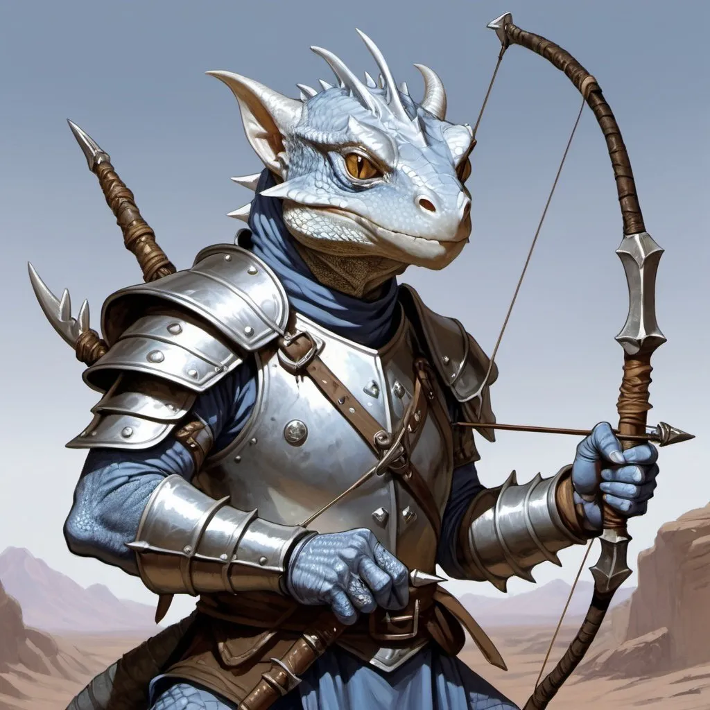 Prompt: a silver lizard-kobold from Dungeons and Dragons with a horned head and a bow in his hand wearing light pale indigo arabic armor with metal plates, holding a bow at the ready in his hand, Art of Brom, sots art, epic fantasy character art, a character portrait