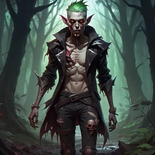 Prompt: zombie elf in torn clothes wanders through the dark forest, Dr. Atl, vanitas, league of legends splash art, cyberpunk art