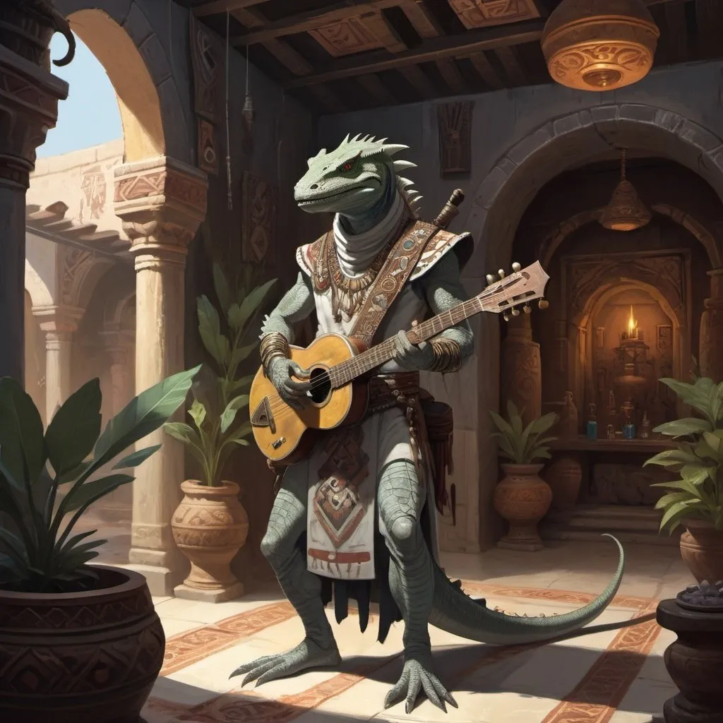 Prompt: a grey lizardman bard with a musical instrument in his hand in Byzantine robes standing in front of interior of aztec tavern interior in Byzantine style with pools and hookah and vegetation, Art of Brom, fantasy art, epic fantasy character art, concept art