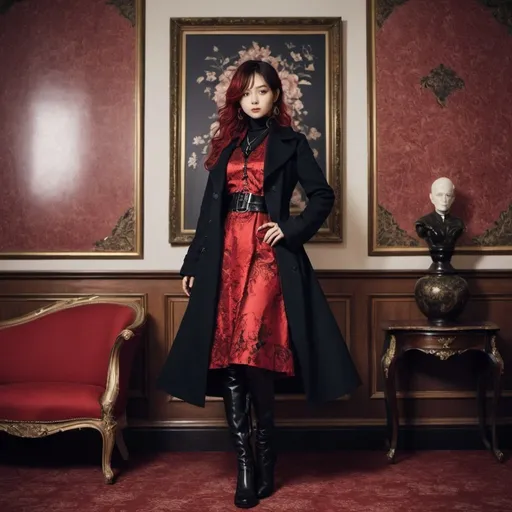 Prompt: a woman in a red and black dress and a black coat and boots is posing for a picture in a room, Ayami Kojima, arabesque, vogue, a poster