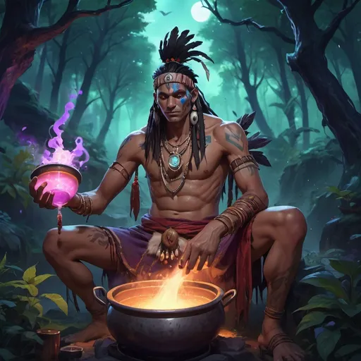 Prompt: a bare-chested shaman dressed like a Indian medicine man brews a potion in a cauldron in front of night forest, Dr. Atl, vanitas, league of legends splash art, cyberpunk art