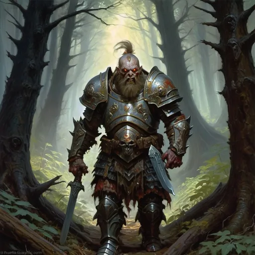 Prompt: zombie dwarf-warrior in heavy armor wanders through the dark forest, Donato Giancola, fantasy art, epic fantasy character art, concept art