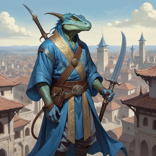 Prompt: a blue bare-chested lizardman wizard and sword and a bag on his shoulder and a scimitar in his hands in oriental attire in satin scarves around the neck on the body with long ears and horns, standing in front of a medieval european fantasy city background, Art of Brom, fantasy art, epic fantasy character art