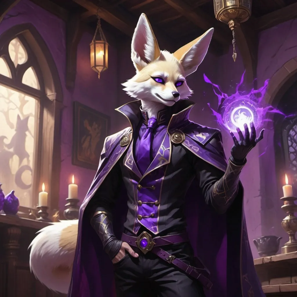 Prompt: male kitsune-fennec in a bare-chested revealing black outfit with purple energy covering his hand in front of the interior of an medieval aristocrat's house creates rays of purple energy, Dr. Atl, vanitas, league of legends splash art, cyberpunk art