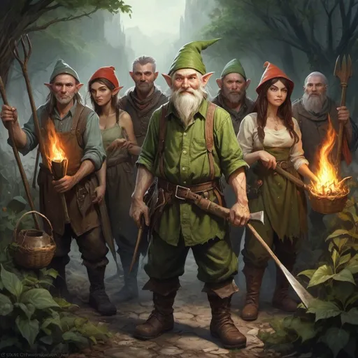 Prompt: a group of elves, gnomes and humans peasant people with pitchforks, torches and other garden tools in tattered clothes, Chris Rahn, fantasy art, epic fantasy character art, a character portrait