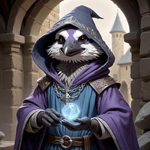 Prompt: The young furry sorcerer Kenku from Dungeons and Dragons. He casts a magic spell, lilac streams of magical energy burst out of his paws, and magical seals appear. He is thin, he has gray plumage, and his facial features are refined. Kenku is excited and smiles playfully. He wears a hood, a long dark gray cloak, and the front of the cloak is fastened with a silver chain near his collarbones. A silver brooch with a pale blue gem is attached to the robe on the left chest. In the background, the interior of a stone medieval building. Lighting like an eclipse. High detailed.