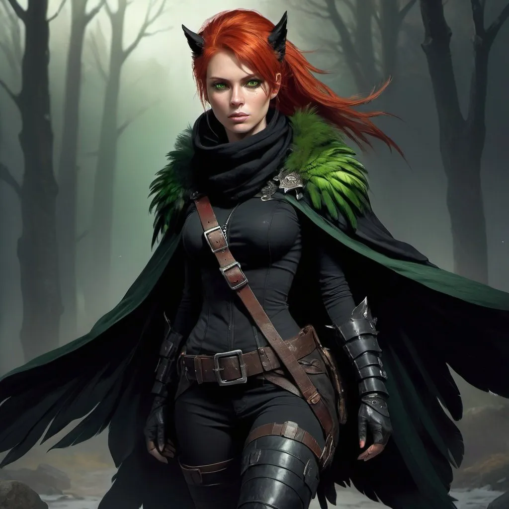 Prompt: a scandinavian woman monster hunter with red hair and green eyes wearing a black outfit and a black scarf with green feathers on her head and a black snood around her neck and and cape and in Wellingtons, full length, Aleksi Briclot, gothic art, deviantart artstation, a fine art painting