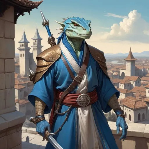 Prompt: a blue bare-chested lizardman wizard  without outerwear and sword and a bag on his shoulder and a scimitar in his hands in oriental attire in satin scarves around the neck with long ears and horns, standing in front of a medieval european fantasy city background, Art of Brom, fantasy art, epic fantasy character art