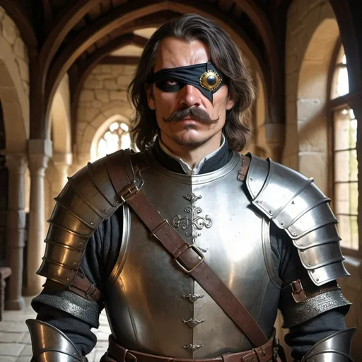 Prompt: a 40 years old man in plate armor wearing a fake eye patch with a tie covering the eye on the left eye and with thick hair and mustache standing in front of interior of medieval manor, Aleksi Briclot, antipodeans, epic fantasy character art