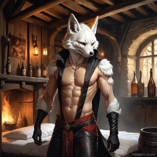 Prompt: male kitsune in a revealing outfit against the backdrop of the bedroom interior of a medieval tavern, Aleksi Briclot, gothic art, deviantart artstation, a fine art painting