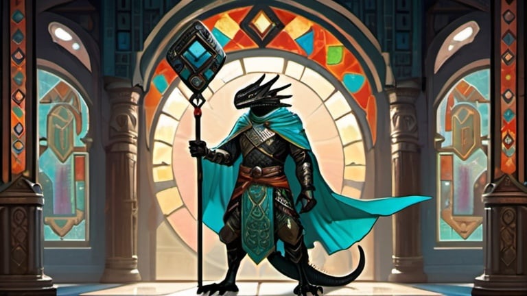 Prompt: A black lizardfolk paladin with a 
hammer in his right hand is dressed in oriental style metal heavy armor and a silk scarf that flutters in the wind and turquoise cloak, Standing against the background of a fantasy Aztec temple interior, colored stained glass windows from which moonlight falls, curtains hanging down to the floor, Art of Brom, fantasy art, epic fantasy character art, concept art