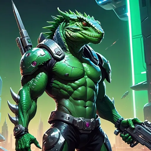 Prompt: A muscular green lizardman with a syringe-pistol in his hands, dressed in armor, stands against the backdrop of a futuristic spaceship, Dr. Atl, vanitas, league of legends splash art, cyberpunk art