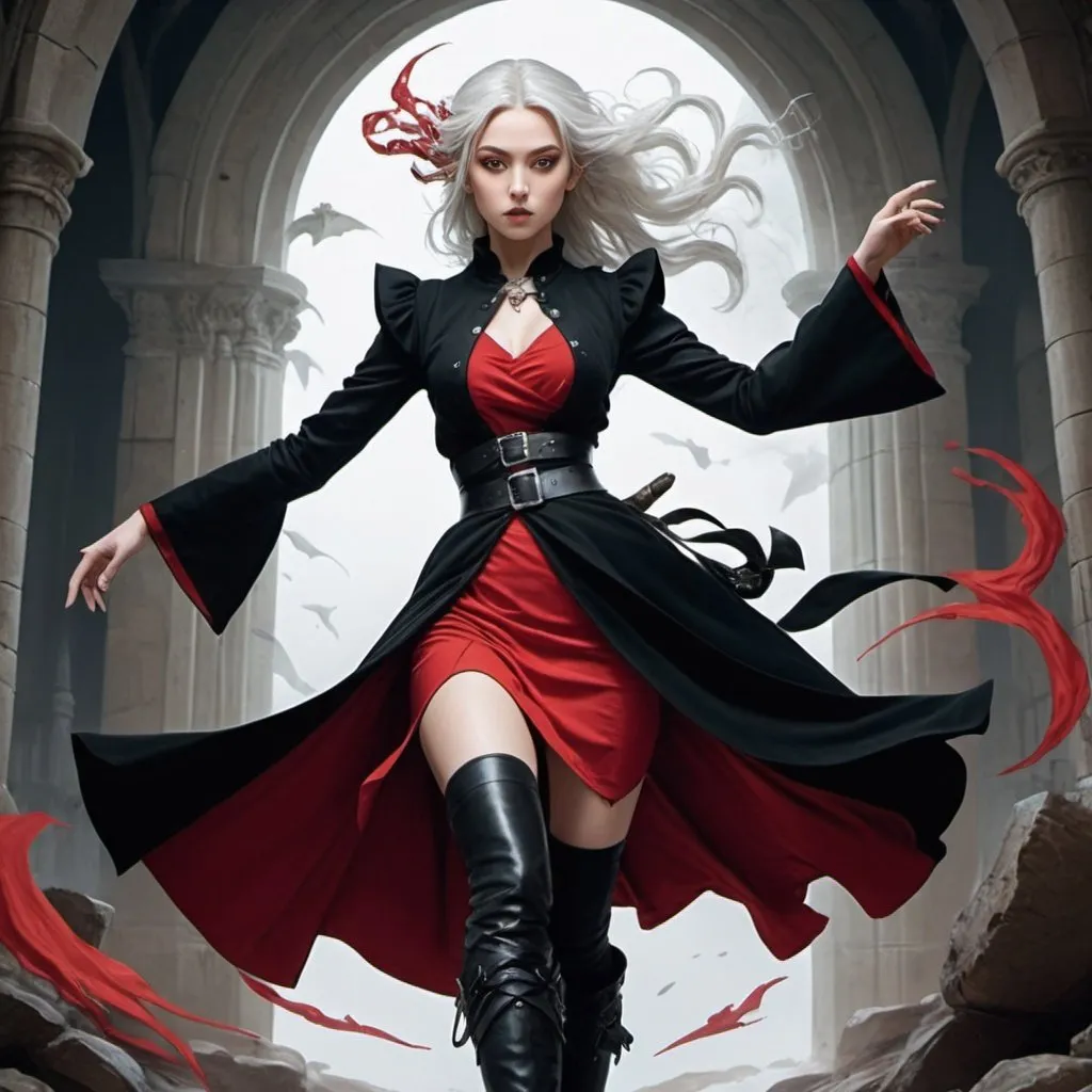 Prompt: a woman elf witch from Dungeons and Dragons in a red and black dress and a black coat and boots causes a whirlwind, Ayami Kojima, arabesque, vogue, a poster