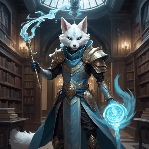 Prompt: A slender humanoid kitsune in the stylish armor of a sorcerer with a metal rod in his hands creates a funnel of magical pale blue wind in front of interior of a stone mansion with a library in the midnight, Dr. Atl, vanitas, league of legends splash art, cyberpunk art