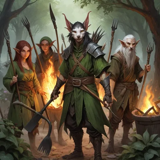 Prompt: a group of elves, dragonborns, kitsune, kenku and humans peasants with pitchforks, torches and other garden tools in tattered clothes, Chris Rahn, fantasy art, epic fantasy character art, a character portrait