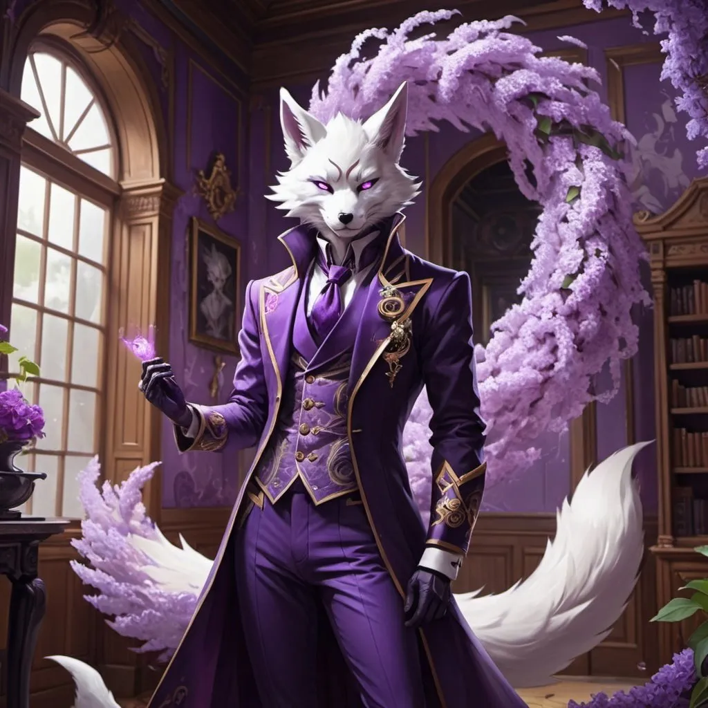 Prompt: male kitsune in a revealing outfit in front of the interior of an aristocrat's house creates spirals of lilac energy, Dr. Atl, vanitas, league of legends splash art, cyberpunk art