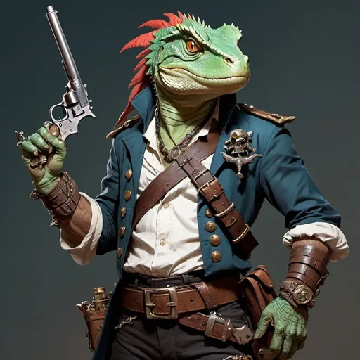 Prompt: a bare chested lizardman dressed like a pirate holding a antique pistol in his hand, with antique pistols on his belt, Adam Rex, furry art, epic fantasy character art, concept art