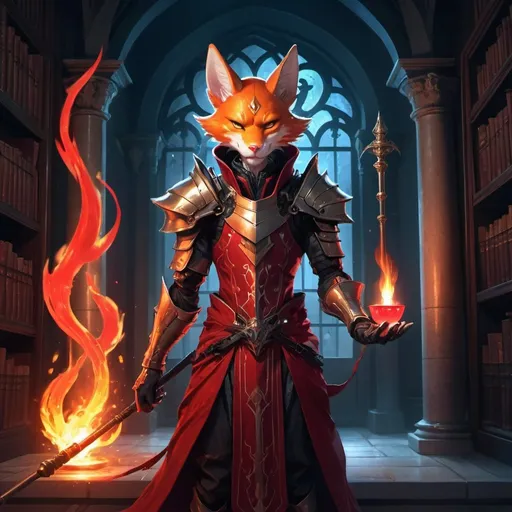 Prompt: A slender humanoid ginger kitsune in the stylish armor of a sorcerer with a metal rod in his hands creates a funnel of magical red flame in front of interior of a stone mansion with a library in the midnight, Dr. Atl, vanitas, league of legends splash art, cyberpunk art