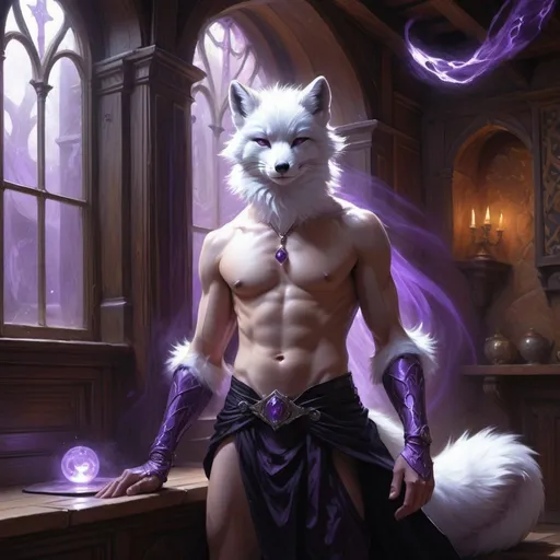 Prompt: male kitsune-arctic fox in a bare-chested revealing black outfit with purple energy covering his hand in front of the interior of an medieval aristocrat's house creates rays of purple energy, Donato Giancola, fantasy art, epic fantasy character art, concept art