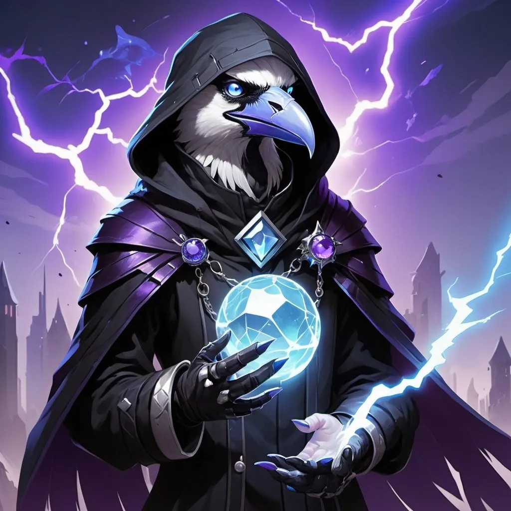 Prompt: a young friendly kenku crow upper part of the muzzle is white blue eyes in a black outfit with a silver brooch with a pale blue gem holding a purple object in his hand and a purple magical lightning in his other hand, Dr. Atl, vanitas, league of legends splash art, cyberpunk art