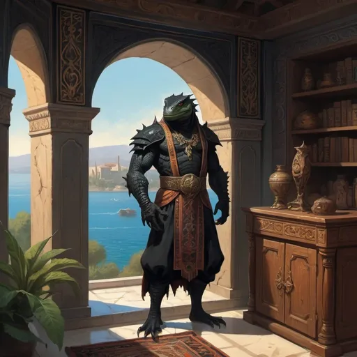 Prompt: a black lizardman architect with scrolls in his hand in armenian clothes standing in front of interior of cabinet overlooking the bay and vegetation in Byzantine style, Art of Brom, fantasy art, epic fantasy character art, concept art