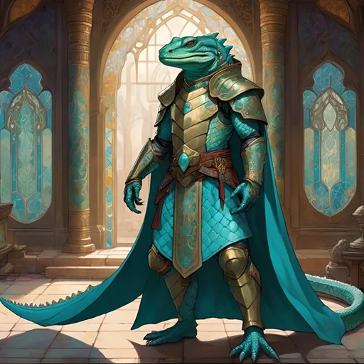 Prompt: A lizardfolk paladin with a khopesh in his right hand, he stands against the background of a fantasy temple interior, his muzzle looks like a cayman, he smiles reservedly, colored stained glass windows from which daylight falls, curtains hanging down to the floor. He is dressed in oriental style metal heavy armor. Behind his back is a turquoise cloak. Its scales are pale blue. He mysteriously looks somewhere into the distance. Highly detailed.