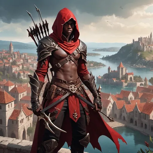 Prompt: a young dark man in a high quality assassin's clothes holding a one-handed crossbows in the pose of Valeera Sanguinar in front of medieval city with bay, Clint Cearley, fantasy art, epic fantasy character art, concept art