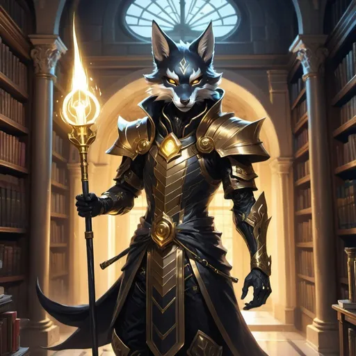 Prompt: A slender humanoid black kitsune in the stylish armor of a sorcerer with a metal rod in his hands creates a funnel of magical golden rays in front of interior of a stone mansion with a library in the midnight, Dr. Atl, vanitas, league of legends splash art, cyberpunk art