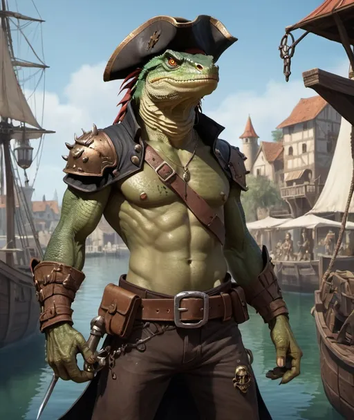 Prompt: a bare chested lizardman with scars on his chest and with a pirate cocked hat on his head holding a antique hand cannon in his hand standing in front of medieval harbor, with medieval hand cannons on his belt, Dirk Crabeth, furry art, epic fantasy character art, concept art