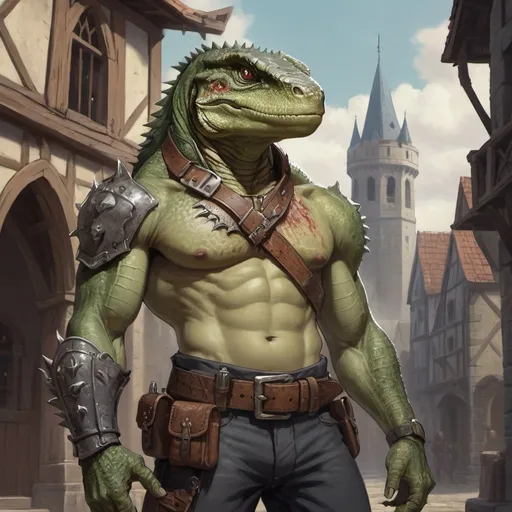 Prompt: a bare chested lizardman with scars on his chest holding a hand cannon in his hand, with antique pistols on his belt, standing in front of medieval buildings, Adam Rex, furry art, epic fantasy character art, concept art