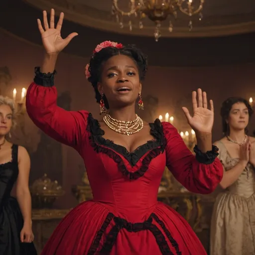 Prompt: a woman in a red and black dress with a necklace on her neck and hands in the air with her hands out, Ella Guru, rococo, dress, a screenshot