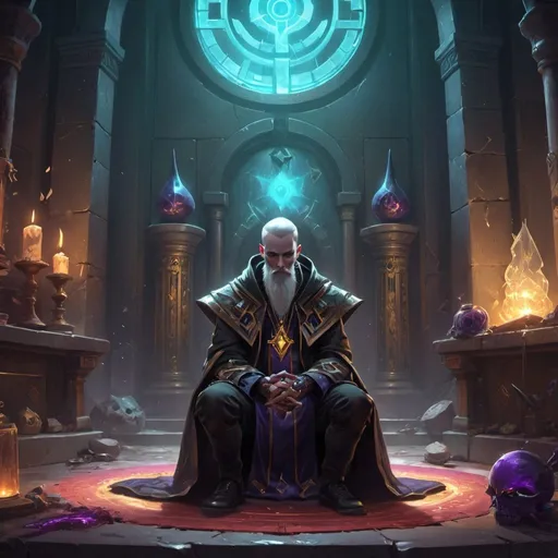 Prompt: a man-priest sitting on his knees in front of wizard’s chambers during the day, Dr. Atl, vanitas, league of legends splash art, cyberpunk art
