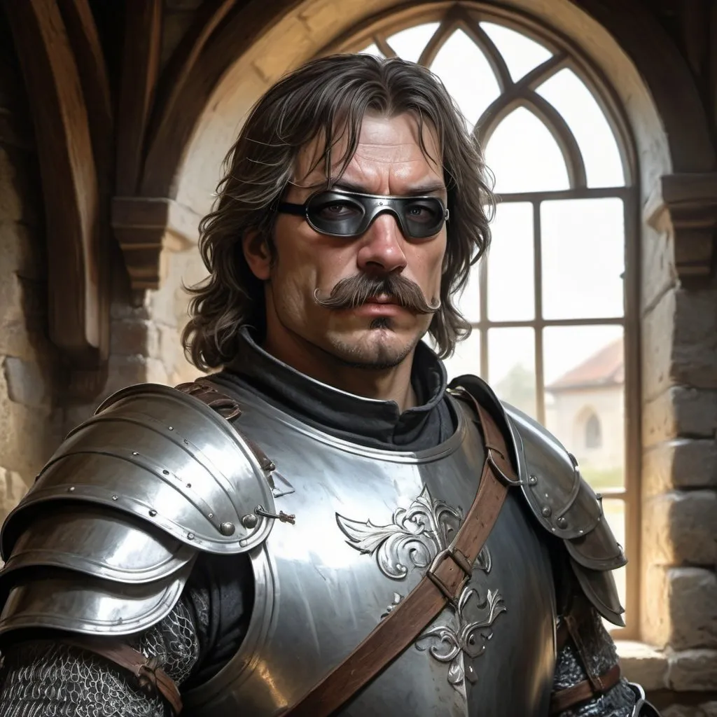 Prompt: a 40 years old man in plate armor wearing a with a blindfold covering the eye on the left eye and with thick hair and mustache standing in front of interior of medieval manor, Aleksi Briclot, antipodeans, epic fantasy character art