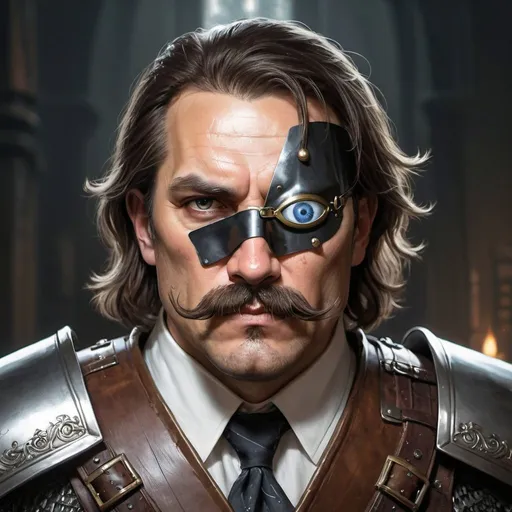 Prompt: a 40 years old man in plate armor wearing a fake eye patch with a tie covering the eye on the left eye and with thick hair and mustache, Aleksi Briclot, antipodeans, epic fantasy character art