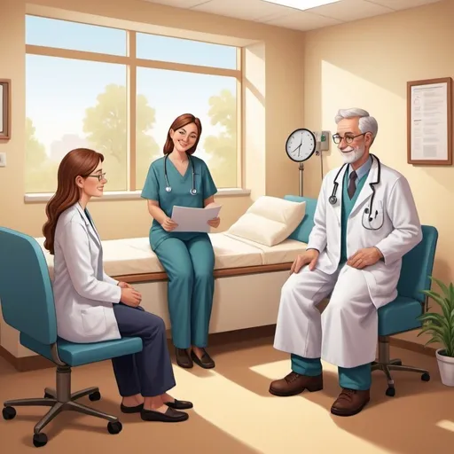 Prompt: Professional cartoon illustration of direct primary care, detailed physician-patient relationship, no third party involvement, high quality, cartoon style, warm and friendly tones, comforting atmosphere, detailed characters, caring interaction, clear communication, patient-centered focus, warm lighting, professional, caring, detailed, direct primary care, no third party, high quality, cartoon, warm tones, comforting atmosphere, patient-centered