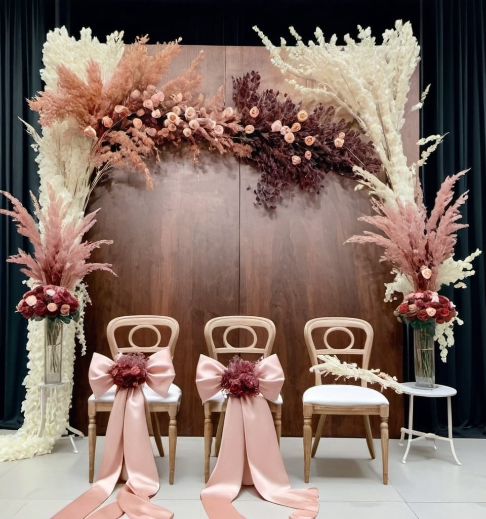 Prompt: a decorated stage with a large wooden panel as background, chairs with satin bow, florals not in roses, florals in colours dark red and peach