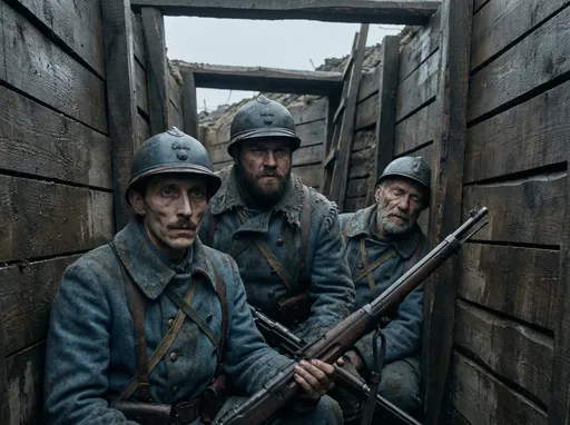 Prompt: *cinematic realistic film still, ultra-realistic, professional cinematography, World War I trench 1914–1918,
deep, wide and very high wooden trench, historically accurate WWI trench construction, tall wooden plank walls rising high on both sides, reinforced timber structure clearly visible, trench feels massive and enclosing, not narrow,
only a few French poilu soldiers (3 to 5 maximum) standing inside the trench, tense and alert, waiting in silence,
tight close-up framing, camera positioned inside the trench, framed from the chest or shoulders up, no full body visible, no legs, no full-height view,
each soldier is clearly different:
– one very thin and gaunt
– one stronger and broader
– one older with visible age and fatigue
– one younger with less hardened features
no two soldiers look alike, different faces, different body types, natural human diversity, no cloning,
authentic French WWI uniforms (horizon blue), muddy and worn wool coats, French Adrian helmets, no green, no olive, no modern military colors, historically accurate poilu soldiers,
soldiers holding rifles in different ways, varied postures and expressions (fear, tension, focus, exhaustion),
camera angle slightly low or eye-level, emphasizing the height of the trench walls above them, immersive and oppressive perspective,
muddy trench floor implied but not fully visible,
cold natural light, overcast gray sky barely visible at the top of the frame, desaturated colors, cold color grading, heavy and tense atmosphere, silence before chaos, subtle film grain, 50mm lens, high realism*