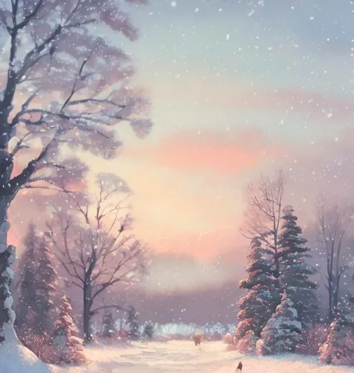 Prompt: Wintry pastel sunset landscape painting, Studio Ghibli style, snowy trees, soft pastel colors, dreamy atmosphere, detailed snow texture, tranquil and serene, high quality, oil painting, winter wonderland, whimsical, peaceful, snowy landscape, soft lighting, tranquil setting, detailed brushwork, scenic beauty, deer eating on the ground