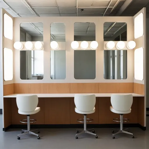 Prompt: 3 modular chairs with three partitional walls on wheels that would daisy chair together on lighting. With mirrors and counter tops on each rolling wall.