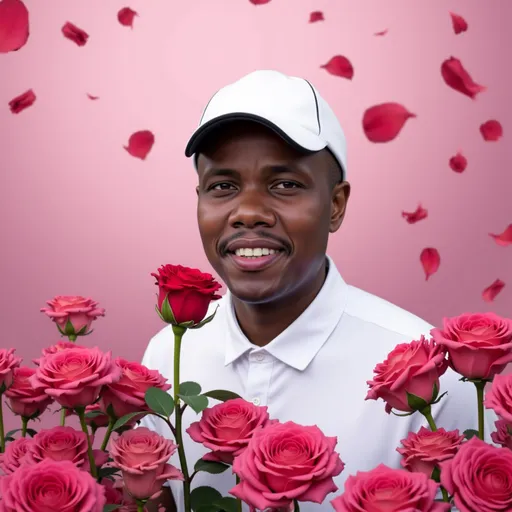 Prompt: A warm and romantic Valentine's Day scene showing photorealistic digital painting smiling man 8f386bcb with white cap, short black hair, thin mustache, white collared shirt standing in a blossoming rose bush, holding a bright rose with a cute expression. The background features a soft pink-purple gradient with floating rose petals. The overall style is modern, with colors mainly in red, pink and white, creating a romantic holiday atmosphere.