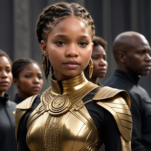 Prompt: (Concept of Halle Bailey in The Hunger Games), soft innocent expression, dynamic pose, futuristic dystopian attire, gold fancy dress, intricate details on clothing, capitol background, dramatic lighting casting shadows, intense atmosphere, evoking tension and resilience, ultra-detailed, cinematic quality, art inspired by thrilling participation in a survival competition.