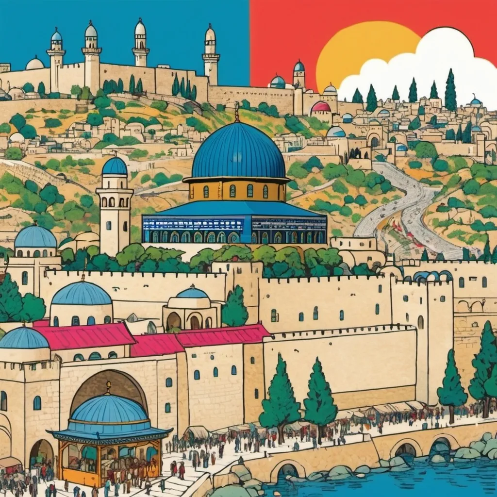 Prompt: jerusalem illustrated in a japanese way with bright colors