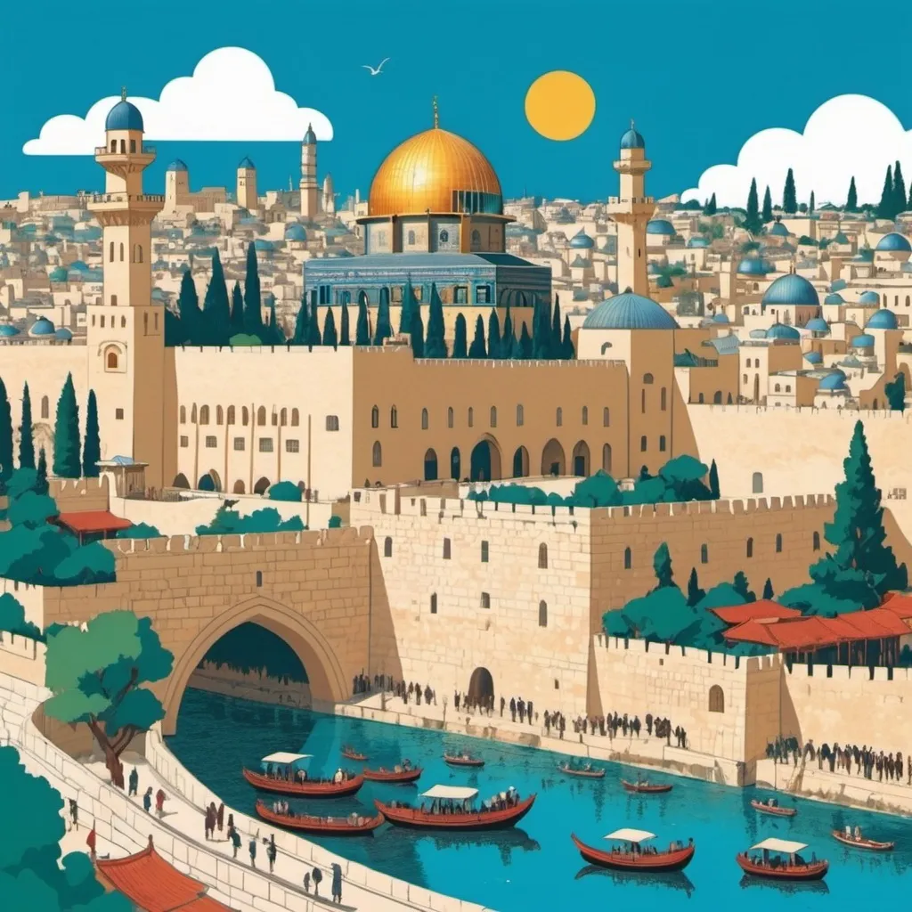 Prompt: jerusalem illustrated in a japanese way with bright colors