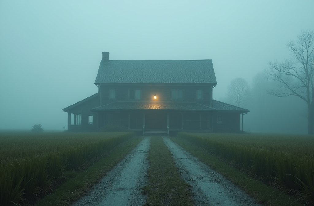 Prompt: Jalan desa berkabut. Sebuah rumah besar tua terlihat di tengah sawah, berdinding kayu, hanya satu lampu gantung menyala
