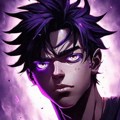 Prompt: Detailed illustration of a hot 19-year-old male, black hair with purple highlights, void-like eyes, high quality, detailed eyes, anime, cool tones, detailed hair, atmospheric lighting, misc-manga