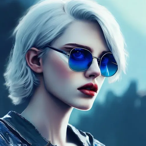 Prompt: Snow-white hair, vibrant blue eyes, casual look with black sunglasses, hair reaching the base of the neck, high quality, detailed eyes, sleek design, professional, cool tones, atmospheric lighting